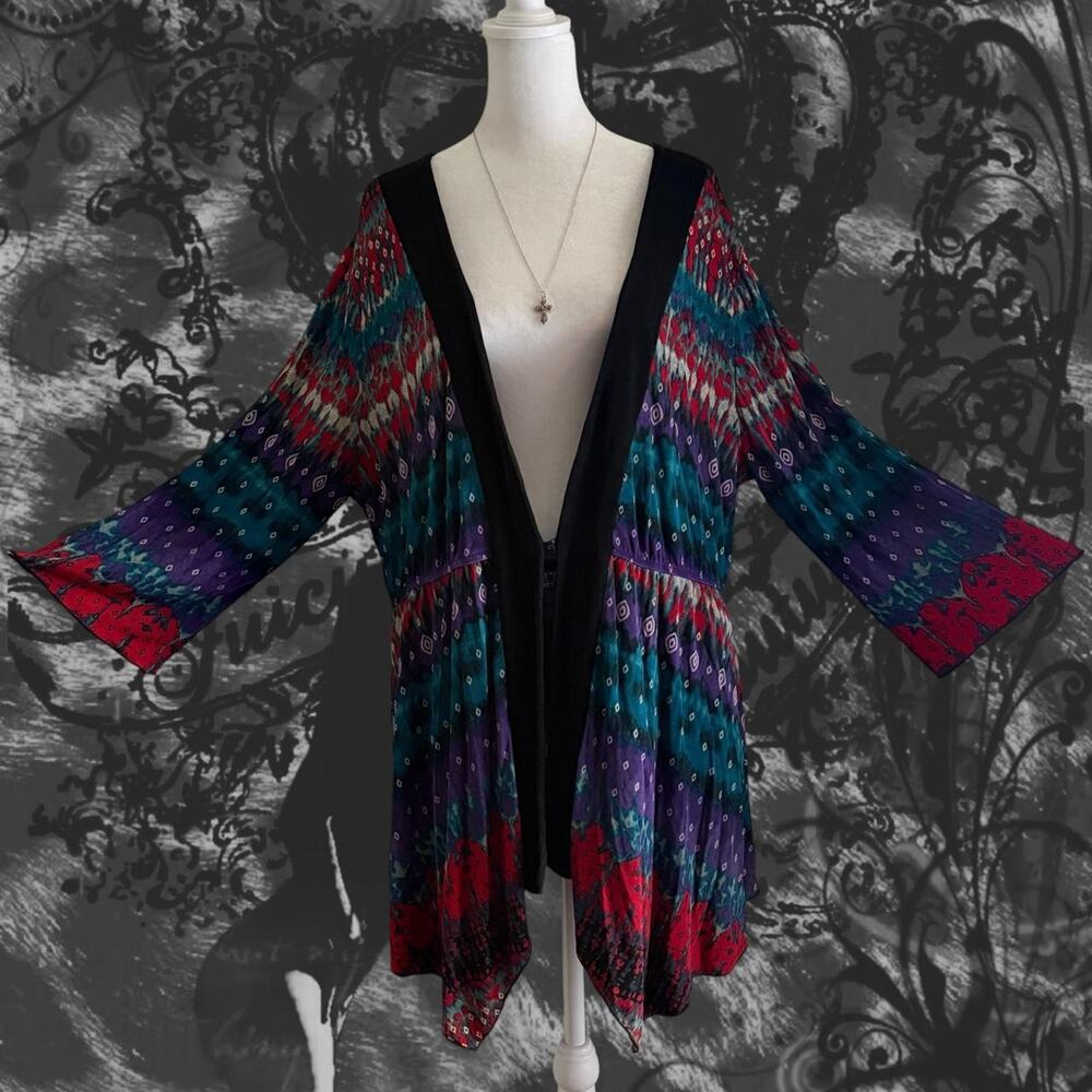 burned teal red purple and dusty white abstract ikat-inspired geometric top